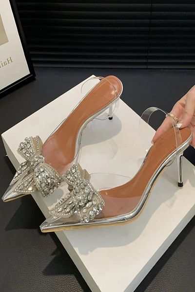 TrendyAnka Lady Princess Silver Nude Stone Stiletto - 8 cm podpatky, transparentní křišťálová mašle Svatební zásnubní večerní šaty