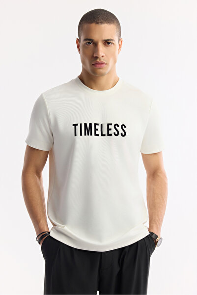 Avva Men's Ecru Crew Neck Printed Bi-Stretch Interlock Regular Fit T-Shirt A51Y1166