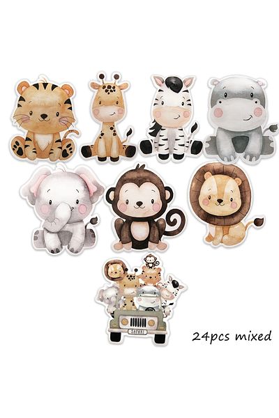 Choice 24pcs Wild Animal Stickers Sweetcone Carton Sticker for Kids Jungle Safari Happy Birthday Party D...
