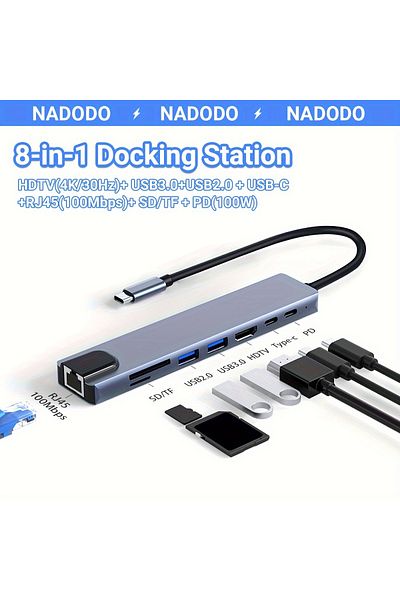 Choice محول متعدد المنافذ 8 في 1 من USB C باللون الرمادي مع موزع HDMI بدقة 4K، وتوصيل طاقة 100 وات، ومنفذ USB 3.0 بسرعة 5 جيجابت في الثانية، S
