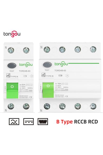 TONGOU RCD RCCB Type B Earth Leakage Residual Current Circuit Breaker Evse 2P 4P AC 40a 63a 30ma 100ma 3...