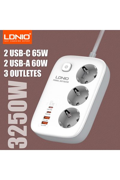 Choice شريط طاقة EU Ldnio 3 منافذ EU قياسي مع PD 65 وات 4 منافذ USB شحن USB سلك تمديد 2 متر Soc