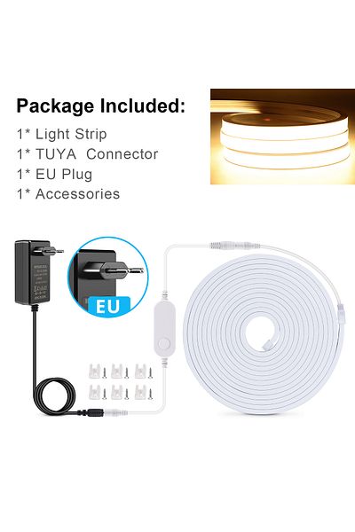 CHNAITEKE 5m Warm White- Eu Plug Tuya Smart Wifi App Dc 24v Cob Light Led Strip Neon Silica Gel Tape Backlight