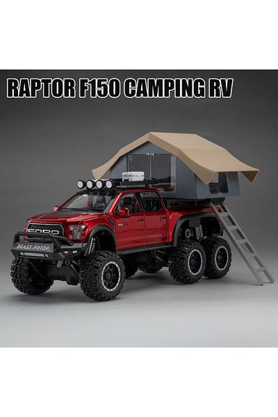 Choice سيارة لعبة رابتور F150 حمراء بمقياس 1:24، موديلات سبائك مصبوبة للتخييم، سحب خلفي، صوت وإضاءة، 5 أبواب مفتوحة أو