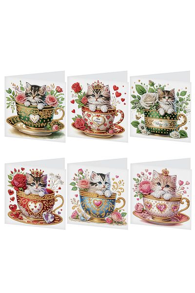 Choice Teacup Cat 6pcs Diamond Art Painting Greeting Card Kits,teacup Cat Festival Greeting Cards With Enve