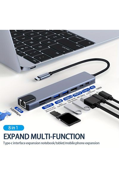 Choice محول متعدد المنافذ 8 في 1 من USB C باللون الرمادي مع موزع HDMI بدقة 4K، وتوصيل طاقة 100 وات، ومنفذ USB 3.0 بسرعة 5 جيجابت في الثانية، S