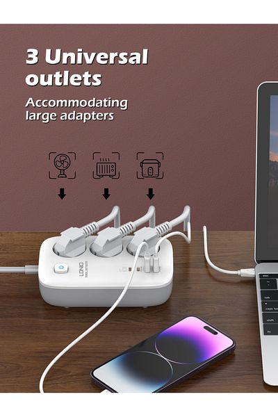 Choice شريط طاقة EU Ldnio 3 منافذ EU قياسي مع PD 65 وات 4 منافذ USB شحن USB سلك تمديد 2 متر Soc