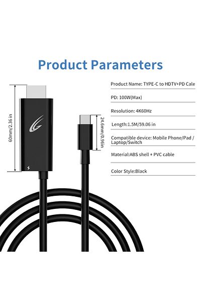Choice كابل USB-C إلى HDMI أسود بطول 4.9 قدم، محول USB-C إلى HDMI بدقة 4K وتردد 60 هرتز مع شحن PD، مثالي لهاتف Iphone 1