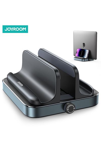 Choice حامل عمودي للكمبيوتر المحمول من Joyroom باللون الأسود، حامل للهاتف، حامل سطح المكتب مع قاعدة تثبيت قابلة للتعديل