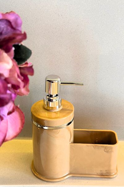 Makri Stylish Silver Detailed Liquid Soap Dispenser with Sponge Holder for Kitchen or Bathroom, Domestic Production
