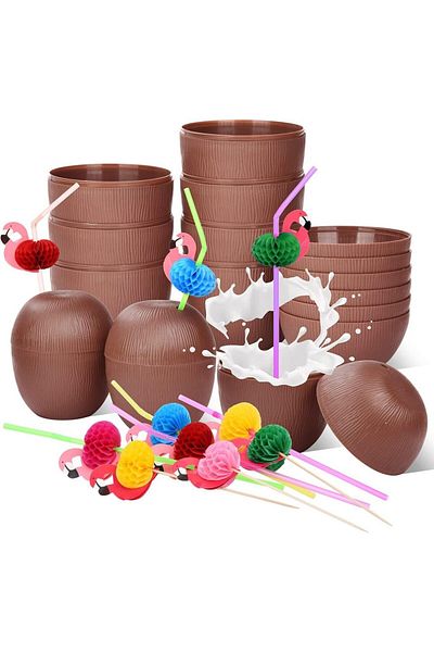 Choice 12 كوب جوز الهند مع مصاصات طائر الفلامنجو وعصا طائر الفلامنجو لشرب الكوكتيلات، هاواي لوآو تي