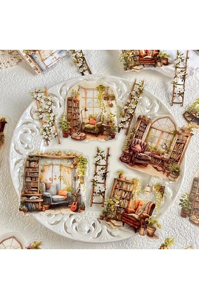 Choice 6 30pcs Vintage Garden Scene Stickers - Flower Pattern, Mixed Colors, Reusable, Self-adhesive, Shi.