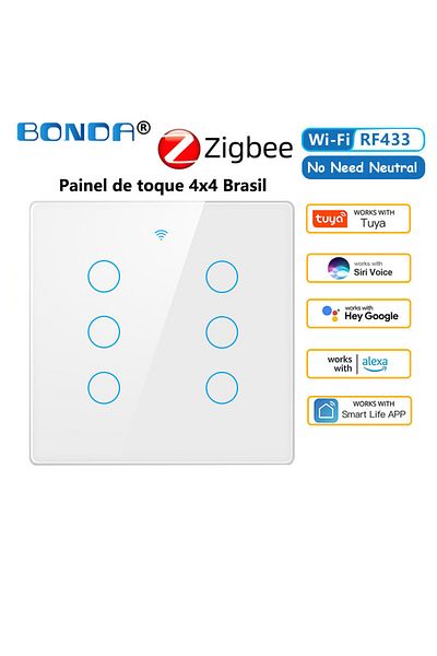 BONDA 202-zigbee-white-06 Tuya 4x4 Brazil Zigbee Rf433 Smart Switch Brazil Touch Sensor Smart Home 4/6 Gan