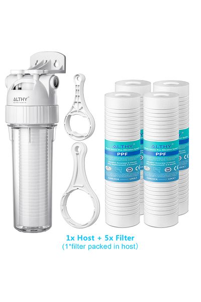 ALTHY Host And 5x Filter 5 Micron Whole House Sediment Water Filter System Prefilter Purifier, 10 In