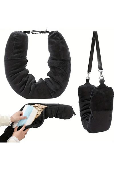 Choice Black Travel Neck Pillow U-shaped, Adjustable Soft Wool Cover, Can Be Filled With Clothing For Comfo