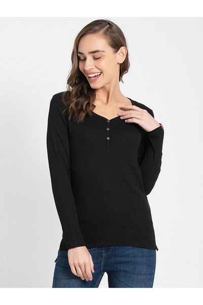 JOCKEY USA Original Womens Loung Wr Full Slv Henley UL15-01 Black