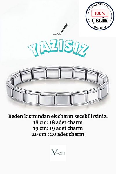 MAZEN Italian Charm Non-Tarnish Steel Bracelet - Lettering, No Lettering and Choose Size