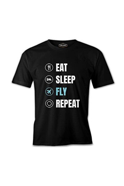 Lord T-Shirt تي شيرت رجالي أسود من Plane Pilot Eat Sleep Fly Quote