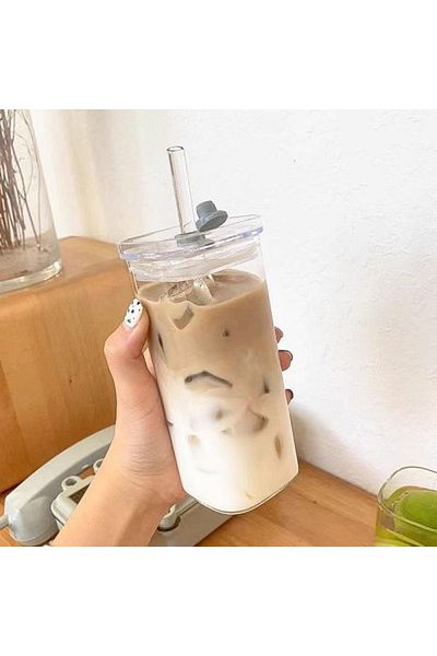 Choice 380ml Glass Cup Set A 1pc Square Glass Coffee Mug With Lid & Straw Transparent Drinkware For Iced Co