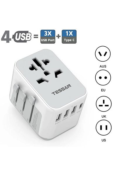 Choice قابس عالمي 633fc-gr محول سفر عالمي من Tessan International Plug مزود بـ 3 منافذ USB و1 نوع