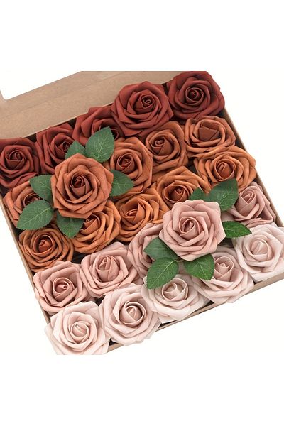 Choice Shades Orange Artificial Flowers 25pcs Real Looking Terracotta Ombre Colors Foam Fake Roses With Ste
