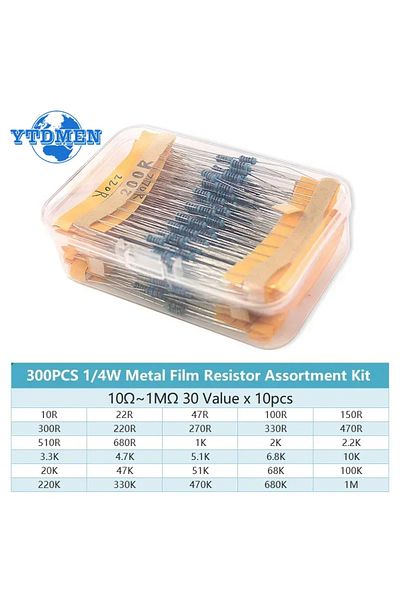 YTDMEN 300pcs 300/600pcs 1/4w Metal Film Resistor 30 Values Resistance Kit 10r-1m 0.25w 1% Resistors Set Wi
