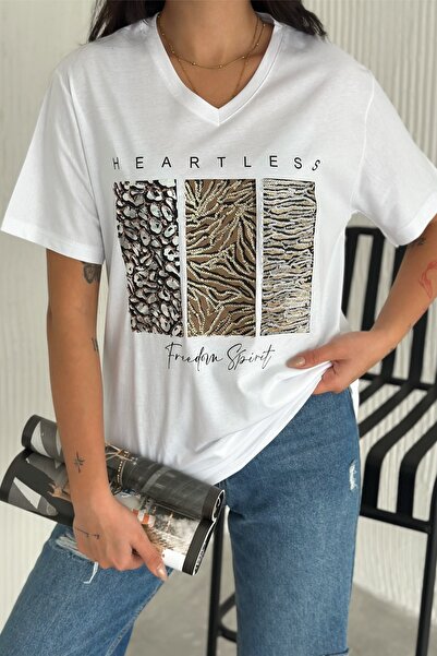 FEMELLE Women's White V-Neck Plus Size Sequin Sequin Embroidered 100% Cotton T-Shirt