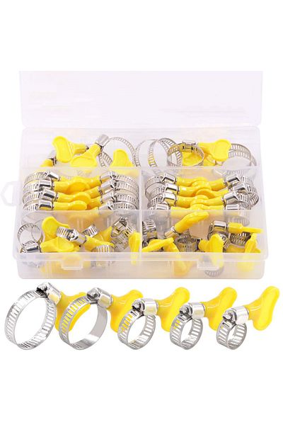 YISEONG 40pcs Box-packed 8-29mm Adjustable Yellow Plastic Handle Hand Twist Hose Clamps Worm Driving Stai...