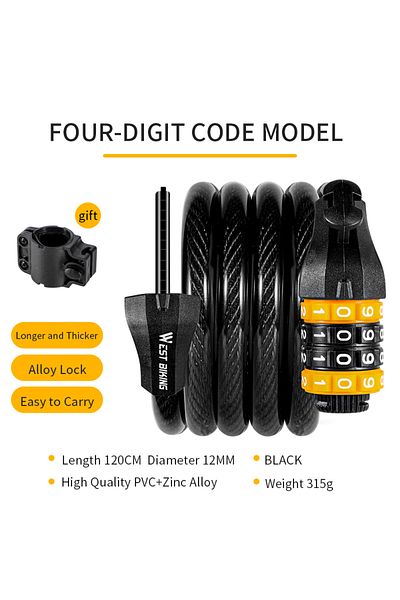 West Biking 4 Code 120cm Bicycle Cable Lock Mtb Road Bike Security Steel Cable Anti-theft Password L