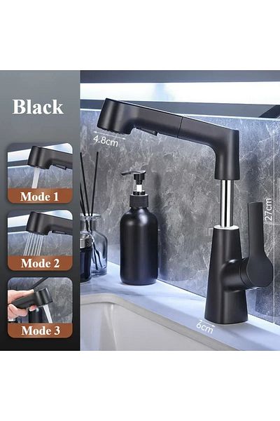 Choice Black Rotary Pull-out Type Bathroom Faucet Hot And Cold Water Outlet Sink Faucet Three Mode Water Ou