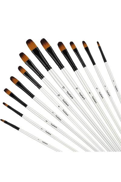 Choice 12pcs White Filbert 12pcs Artist Brushes With Nylon Tips - Wood Handle Professional Paintbrush Set