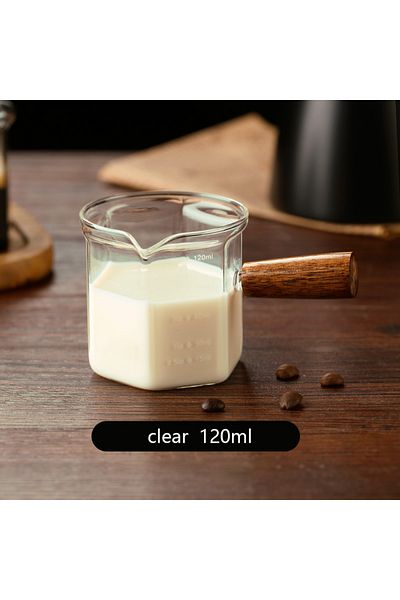 Choice 120ml Clear 120ml Glass Espresso Measuring Cup With Wood Handle Hexagon Milk Jug Coffee Supplies Sau