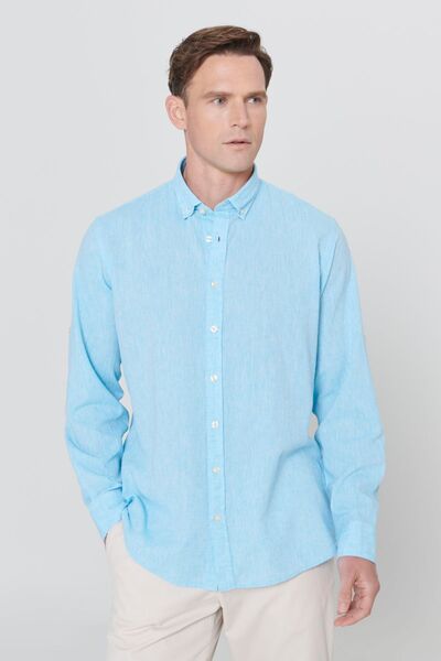 AC&Co / Altınyıldız Classics Tyrkysová plátěná pánská košile – uvolněný střih, límec s knoflíky, pohodlný střih