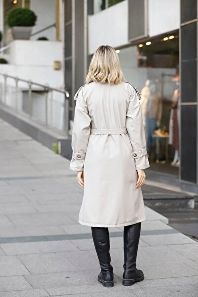 NEW RONİ Women's Belted Buttoned Double Breasted Trench Coat