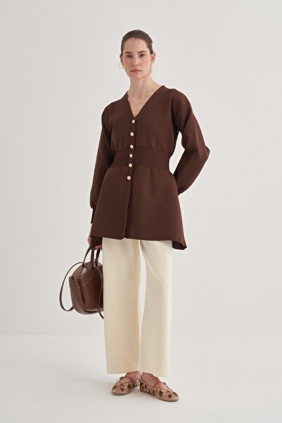 EBU Prive Γυναικεία Premium Πλεκτή Ζακέτα με Κορσάζ στη μέση Καφέ