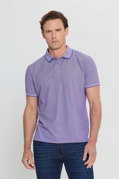 AC&Co / Altınyıldız Classics Ανδρικό μπλουζάκι με γιακά polo - Βαμβακερό ύφασμα που δεν συρρικνώνεται, λεπτή εφαρμογή, μωβ-λευκό, χωρίς μπούκλες