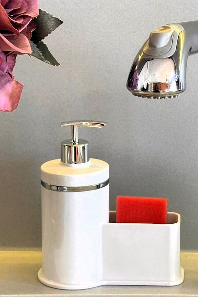 Makri Stylish Silver Detailed Liquid Soap Dispenser with Sponge Holder for Kitchen or Bathroom, Domestic Production