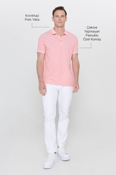 AC&Co / Altınyıldız Classics Ανδρικό μπλουζάκι Polo γιακά με λεπτή εφαρμογή - Βαμβακερό που δεν συρρικνώνεται, ροζ-λευκό, χωρίς μπούκλες