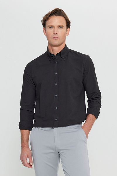AC&Co / Altınyıldız Classics Μαύρο Slim Fit πουκάμισο Oxford - Κολάρο με κουμπιά, βαμβακερό