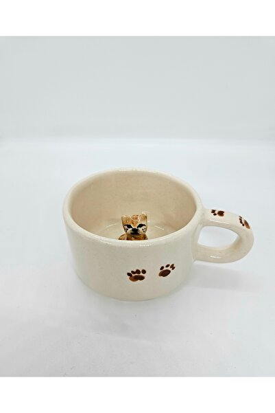 Soli Seramik Handmade Ceramic Mug - Special Design Coffee and Tea Mug with Cat Figure Inside, Gift Mug