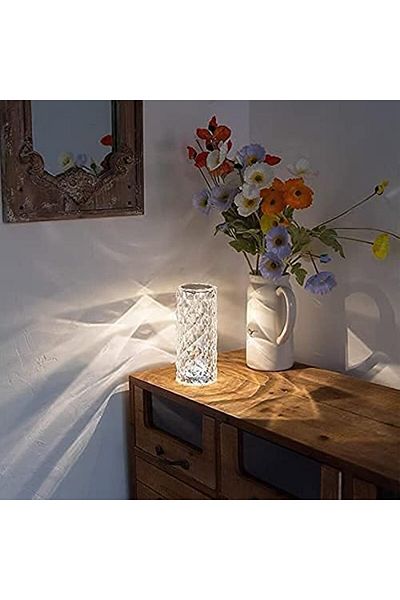 AWH Crystal Table Lamp, Touch Control LED Rose Lamp, Rechargeable 3-Color Acrylic Cordless Lamp