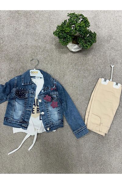 Cool Exclusive Girl's Flower Embroidered Jeans Jacket Set with Pockets