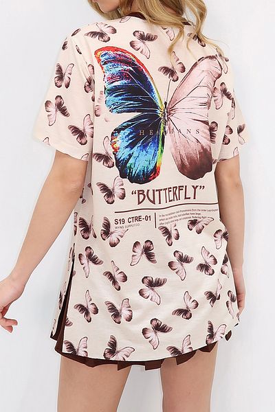 VAGGON Tricou de damă Stone Crew Gât cu imprimeu digital cu fantă laterală Prmx1106