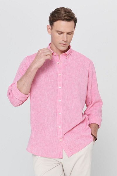 AC&Co / Altınyıldız Classics Ανδρικό λινό Comfort Fit Fuchsia Casual πουκάμισο - Άνετη εφαρμογή, γιακάς με κουμπιά