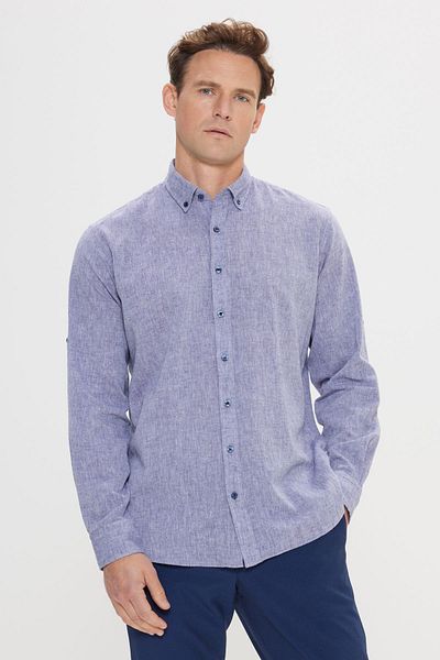 AC&Co / Altınyıldız Classics Marineblaues Leinenhemd für Herren - Bequeme Passform, Knopfkragen, Comfort Fit