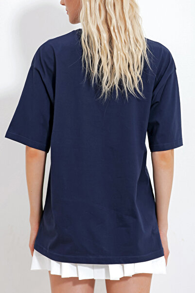 VAGGON Γυναικείο μπλουζάκι με λαιμόκοψη μπλε Navy με μαργαριτάρι και πέτρα Prmx11964