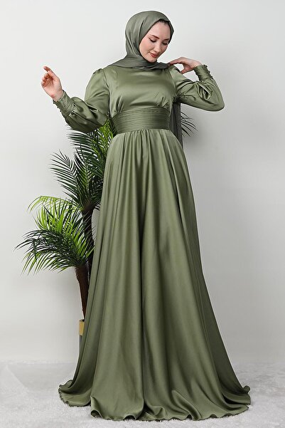 GİZ AGİYİM Βραδινό φόρεμα από σατέν χακί - Σχέδιο με πλισέ μέση