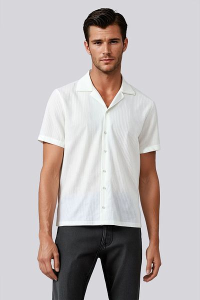 ADEGO Men's White Short Sleeve Slim Fit Print Cotton Summer Shirt