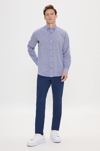 AC&Co / Altınyıldız Classics Marineblaues Leinenhemd für Herren - Bequeme Passform, Knopfkragen, Comfort Fit