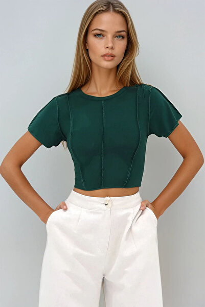 VAGGON Γυναικεία Πράσινη Πλήρης Λαιμόκοψη Μπλούζα με ραμμένη μπροστινή άμμο Prmx11782